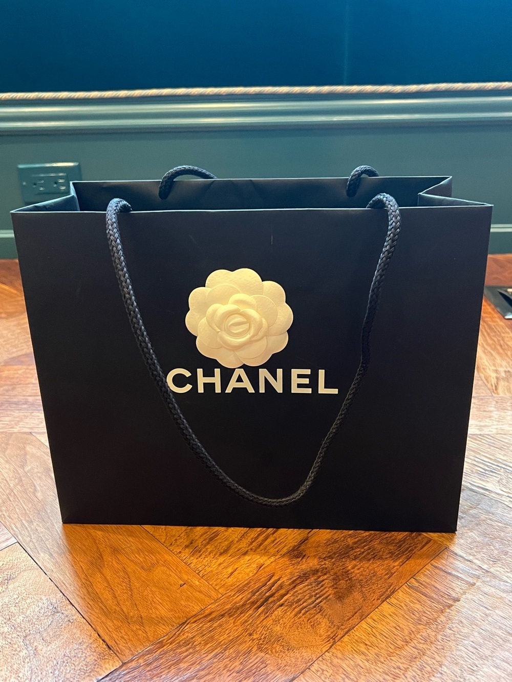 CHANEL Black Paper Shopping Bag with Camellia Logo (small)